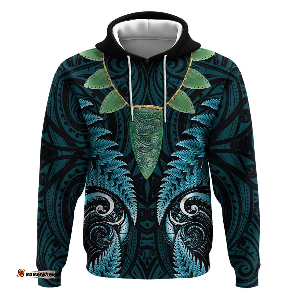 RugbyLife Shop Aotearoa Pounamu Niho Hoodie Silver Fern Mix Maori Pattern - Turquoise LT14
