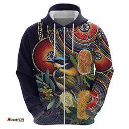 RugbyLife Shop Aussie Honeyeaters Banksia Flowers Hoodie Aboriginal Dots Painting LT9