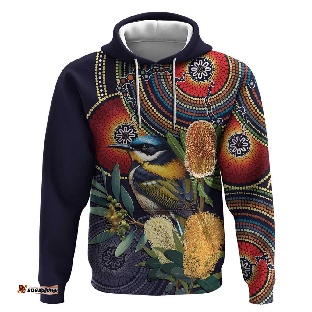 RugbyLife Shop Aussie Honeyeaters Banksia Flowers Hoodie Aboriginal Dots Painting LT9