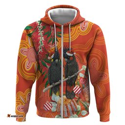 RugbyLife Shop Australia Black Cockatoo Christmas Hoodie Banksia Bottlebrush Aboriginal Art LT14