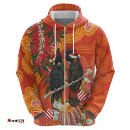 RugbyLife Shop Australia Black Cockatoo Christmas Hoodie Banksia Bottlebrush Aboriginal Art LT14