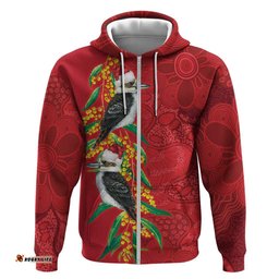 RugbyLife Shop Aussie Kokaburra Golden Wattle Christmas Hoodie Aboriginal Dots Painting Red Motif LT9