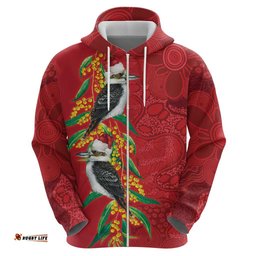 RugbyLife Shop Aussie Kokaburra Golden Wattle Christmas Hoodie Aboriginal Dots Painting Red Motif LT9