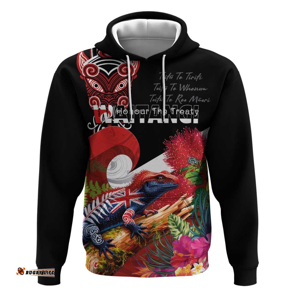 RugbyLife Shop Aotearoa Toitu Te Tiriti Hoodie Waitangi-Honour The Treaty NZ Tuatara and Plants LT03