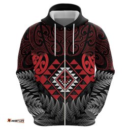 RugbyLife Shop Aotearoa Kiwi Taniko Hoodie Silver Fern With Maori Koru Pattern LT14