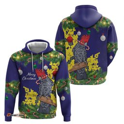 RugbyLife Shop Australia Gang-gang Cockatoo Christmas Hoodie Callocephalon Fimbriatum Golden Wattle Blue LT14