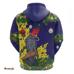 RugbyLife Shop Australia Gang-gang Cockatoo Christmas Hoodie Callocephalon Fimbriatum Golden Wattle Blue LT14