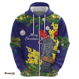 RugbyLife Shop Australia Gang-gang Cockatoo Christmas Hoodie Callocephalon Fimbriatum Golden Wattle Blue LT14