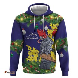 RugbyLife Shop Australia Gang-gang Cockatoo Christmas Hoodie Callocephalon Fimbriatum Golden Wattle Blue LT14