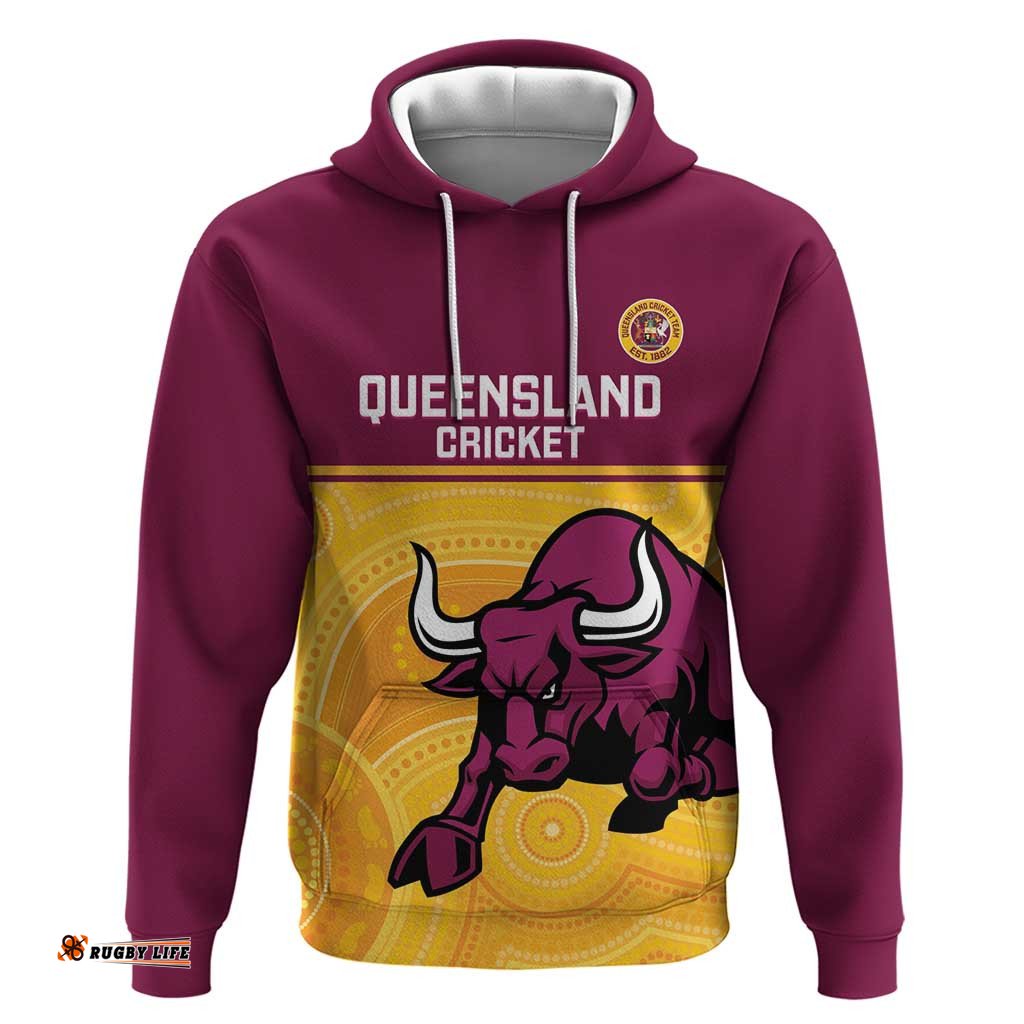 RugbyLife Shop Custom Australia Queensland Cricket Hoodie Go Bulls - Aboriginal Art LT14