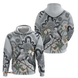 RugbyLife Shop Australia Grey Butcherbird Hoodie Eucalyptus Alba Indigenous Art LT14