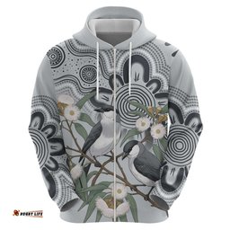 RugbyLife Shop Australia Grey Butcherbird Hoodie Eucalyptus Alba Indigenous Art LT14