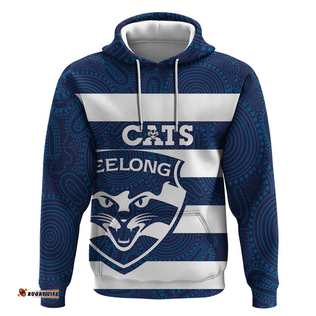 RugbyLife Shop AFL Cats Football Custom Hoodie Geelong Proud Indigenous Art LT14
