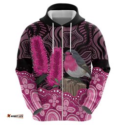 RugbyLife Shop Australia Indigenous Hoodie Breast Cancer Pink Robin Bottlebrush Aboriginal Art LT14