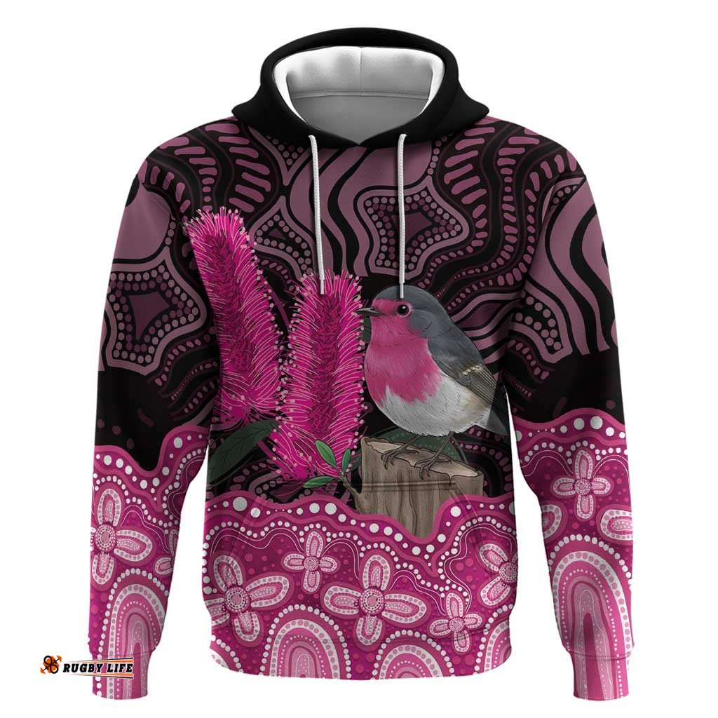 RugbyLife Shop Australia Indigenous Hoodie Breast Cancer Pink Robin Bottlebrush Aboriginal Art LT14