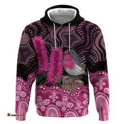 RugbyLife Shop Australia Indigenous Hoodie Breast Cancer Pink Robin Bottlebrush Aboriginal Art LT14