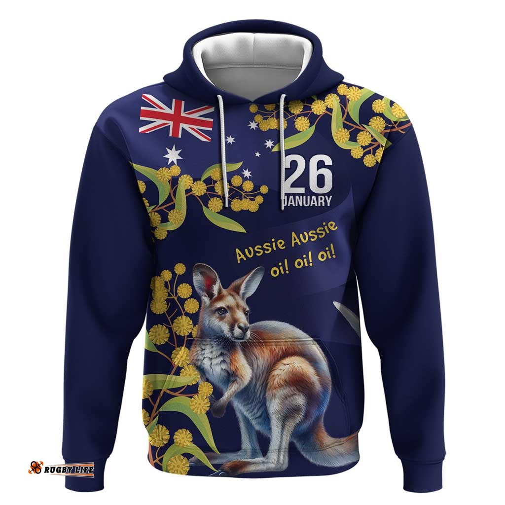 RugbyLife Shop Blue Kangaroo and Golden Wattle Personalised Hoodie Happy Australia Day 6 January LT9