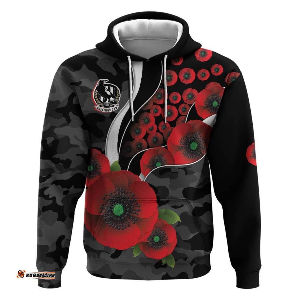 RugbyLife Shop Collingwood Magpies ANZAC Personalised Hoodie Lest We Forget Poppy Camo LT9