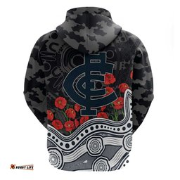 RugbyLife Shop Carlton Blues ANZAC Day Hoodie Indigenous Dot Art with Poppy Flower Tribute TS04