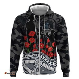 RugbyLife Shop Carlton Blues ANZAC Day Hoodie Indigenous Dot Art with Poppy Flower Tribute TS04