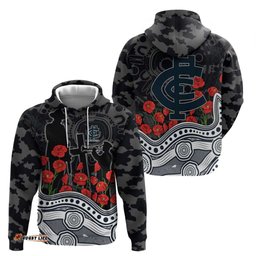 RugbyLife Shop Carlton Blues ANZAC Day Hoodie Indigenous Dot Art with Poppy Flower Tribute TS04
