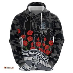 RugbyLife Shop Carlton Blues ANZAC Day Hoodie Indigenous Dot Art with Poppy Flower Tribute TS04