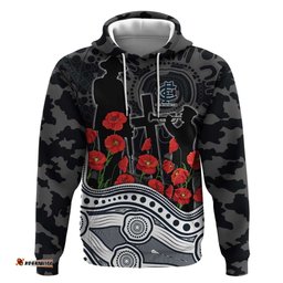 RugbyLife Shop Carlton Blues ANZAC Day Hoodie Indigenous Dot Art with Poppy Flower Tribute TS04