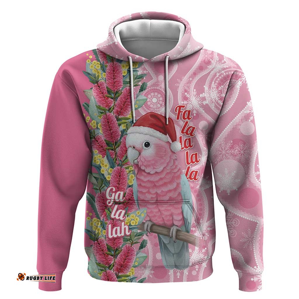 RugbyLife Shop Australia Pink Galah Christmas Hoodie Falalalala Galalah Bottlebrush Aboriginal Art LT14