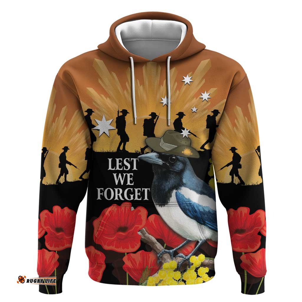 RugbyLife Shop Australia Magpie ANZAC Day Hoodie Rising Sun 25th April Poppy Golden Wattle LT14
