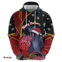 RugbyLife Shop Australia Palm Cockatoo Christmas Hoodie Probosciger Aterrimus Waratah Merry Chrissie LT14