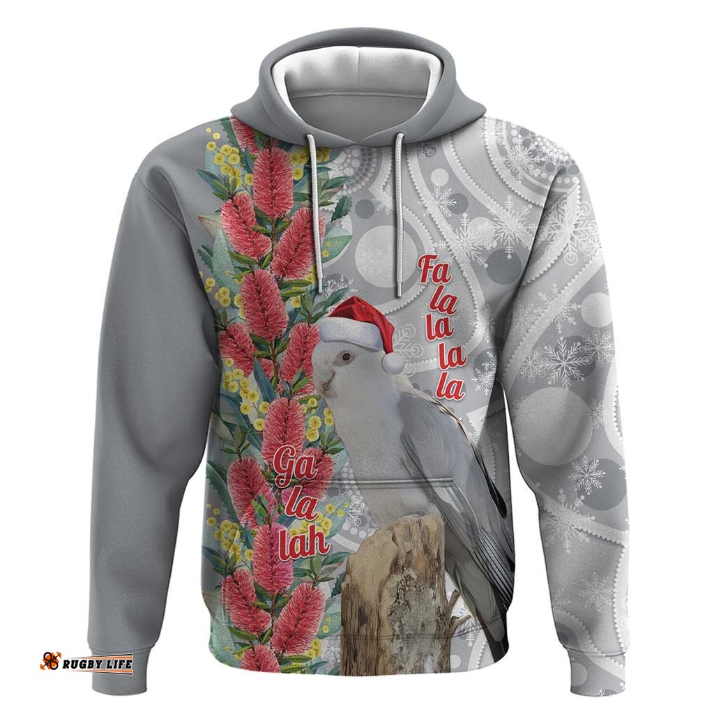 RugbyLife Shop Blue Galah Mutation Christmas Australia Hoodie Falalalala Galalah Bottlebrush Grey Aboriginal Art LT14