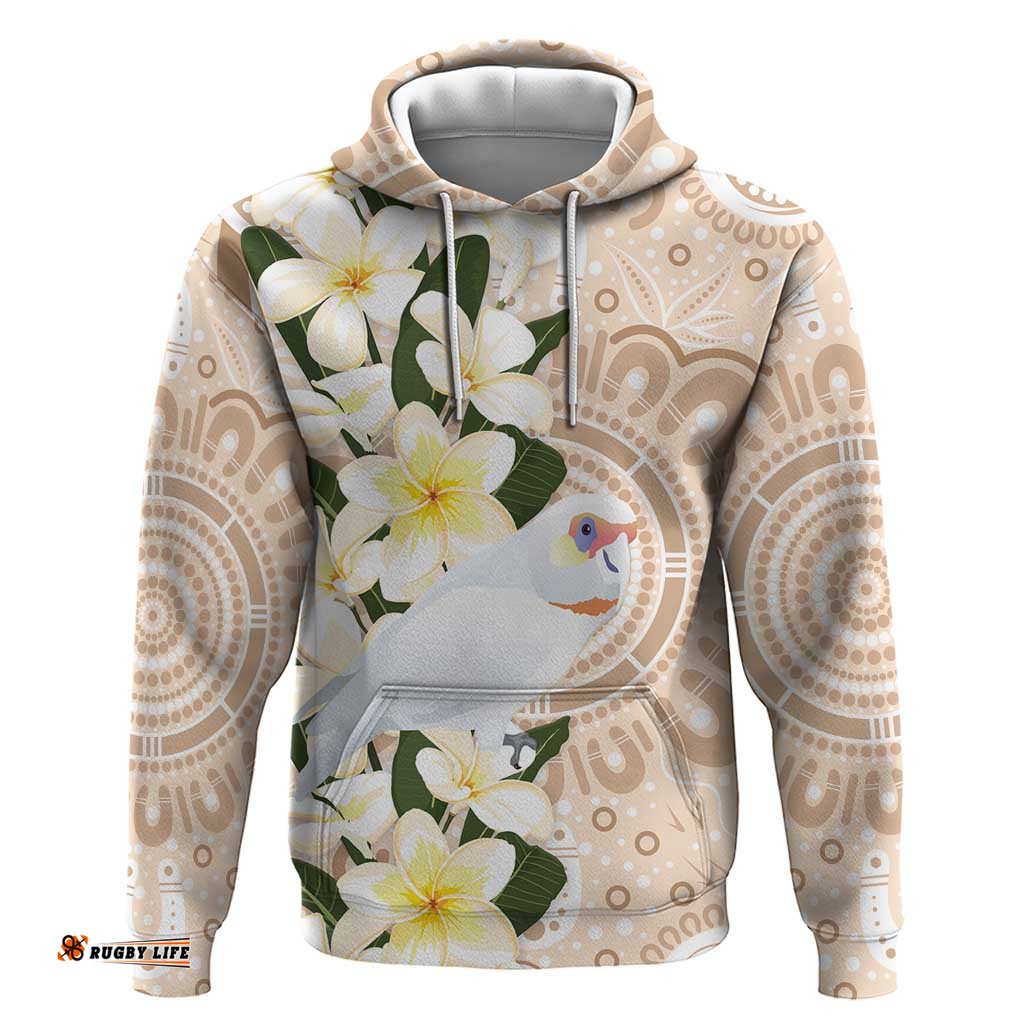 RugbyLife Shop Australia Long-billed Corella Hoodie Cacatua Tenuirostris Plumeria Aboriginal Art LT14