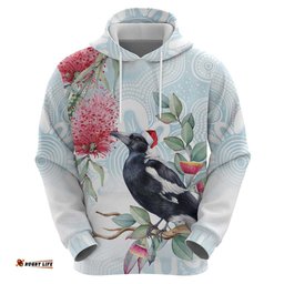 RugbyLife Shop Australia Magpie Christmas Hoodie Eucalyptus Aboriginal Watercolor Stylized LT14