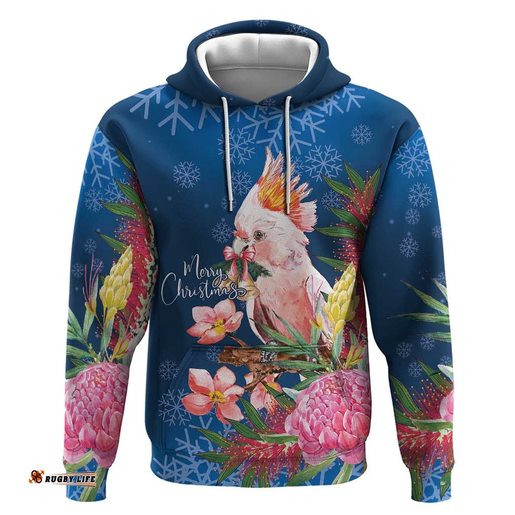 RugbyLife Shop Australia Christmas Pink Cockatoo with Banksia Hoodie Snowy Blue LT7