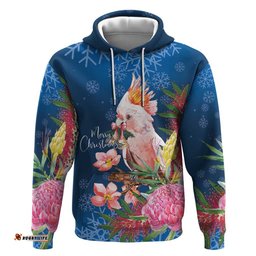 RugbyLife Shop Australia Christmas Pink Cockatoo with Banksia Hoodie Snowy Blue LT7
