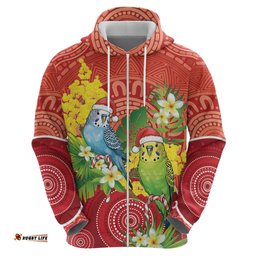 RugbyLife Shop Budgerigar Australia Christmas Hoodie Budgies Golden Wattle Aboriginal Red LT14