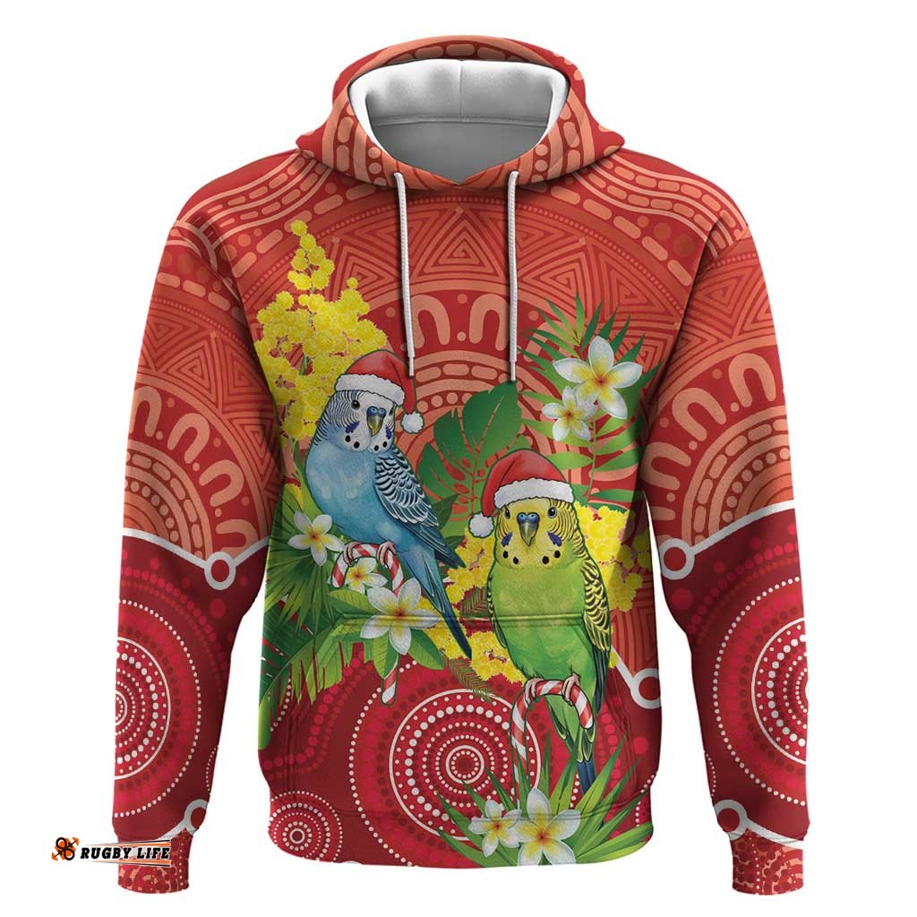 RugbyLife Shop Budgerigar Australia Christmas Hoodie Budgies Golden Wattle Aboriginal Red LT14