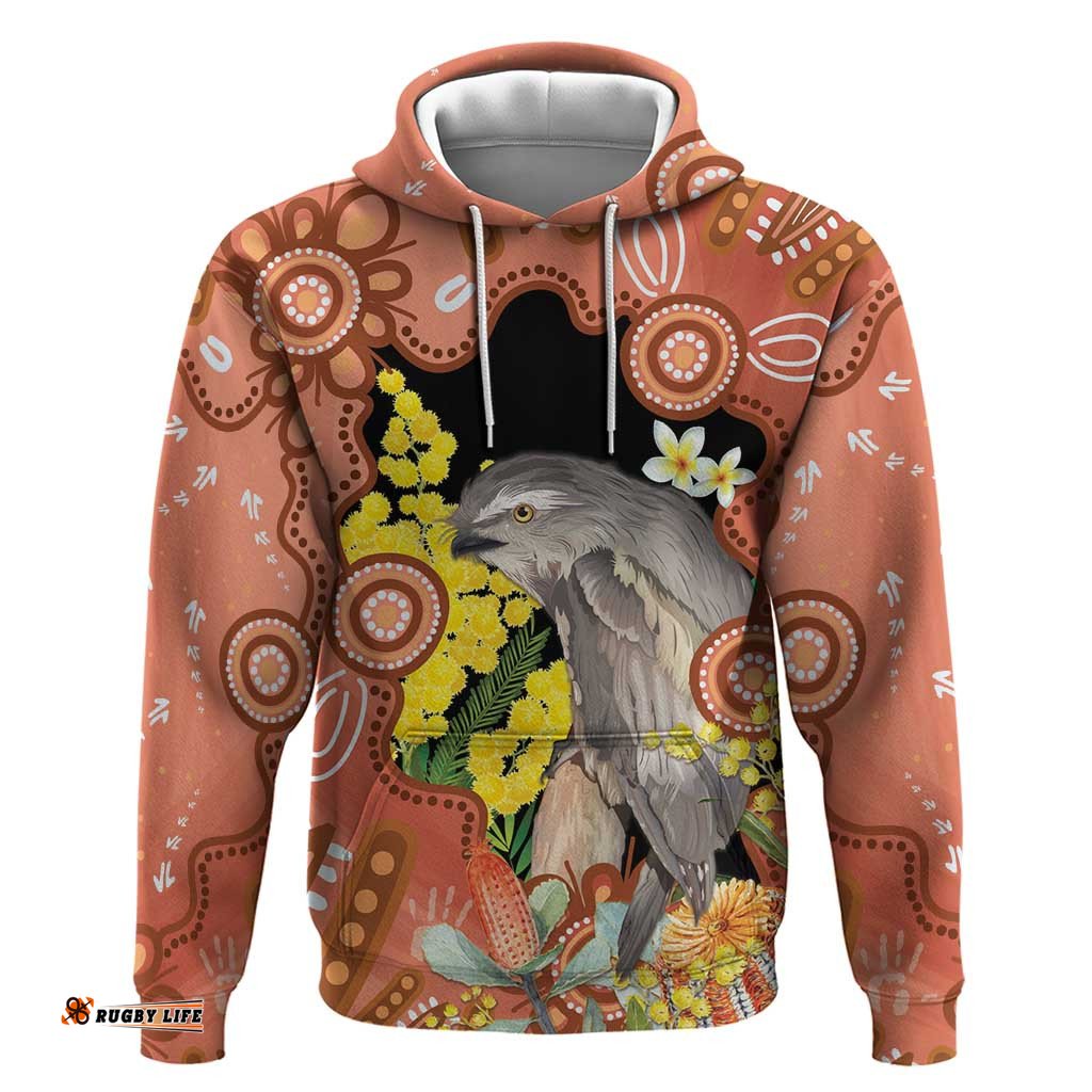 RugbyLife Shop Australia Tawny Frogmouth Hoodie Golden Wattle Banksia Aboriginal Art LT14