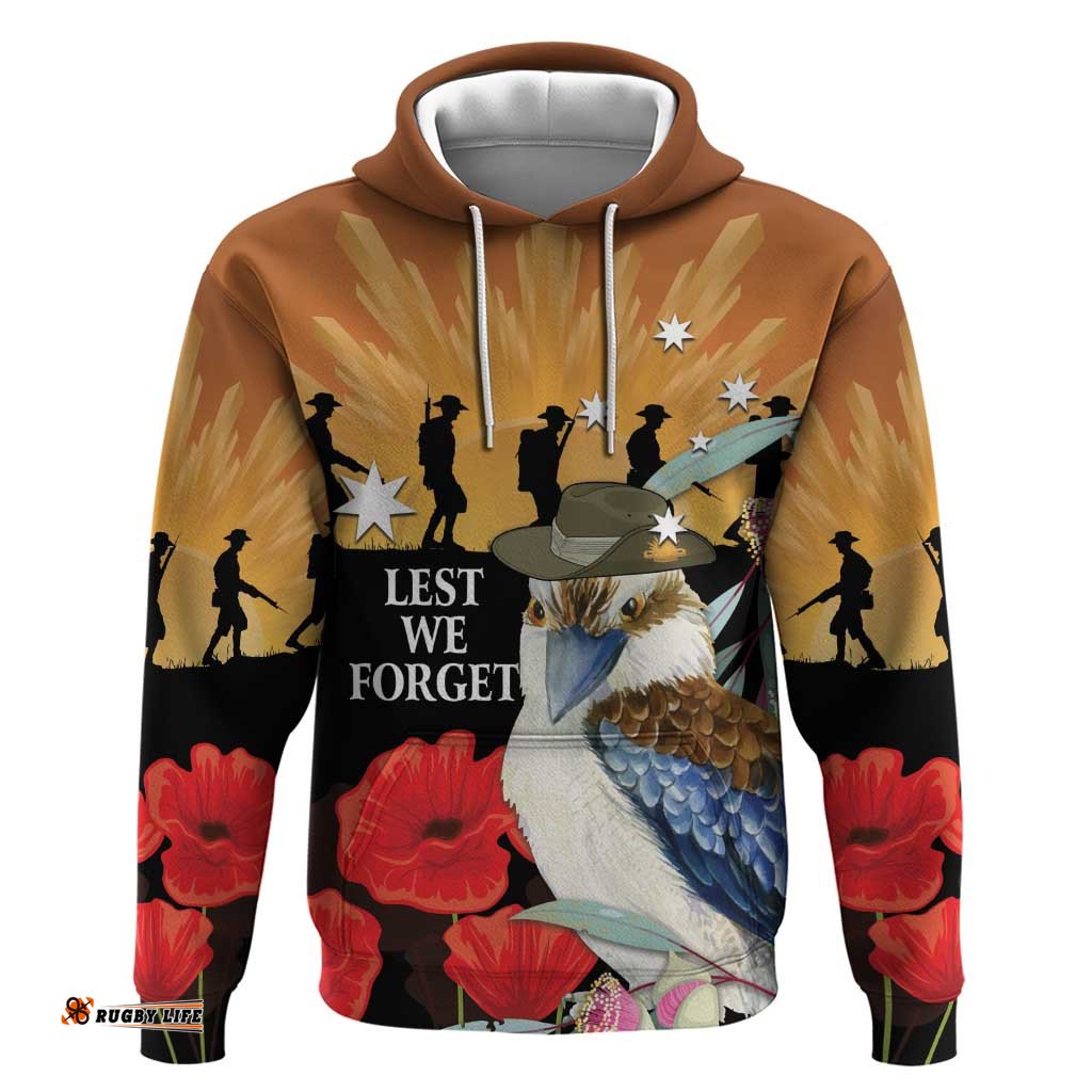 RugbyLife Shop Australia Kookaburra ANZAC Day Hoodie Rising Sun 25th April Poppy Eucalyptus Blossoms LT14