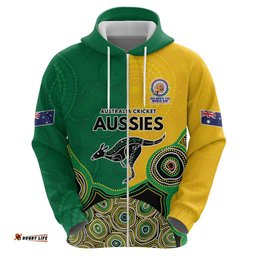 RugbyLife Shop Custom Australia Cricket Spirit 2026 Hoodie World T20 Edition - Aussie Color Aboriginal Motif LT9