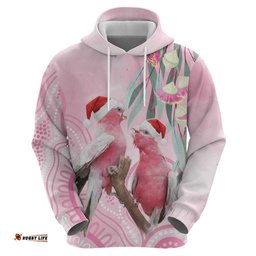 RugbyLife Shop Australia Funny Pink Galah Christmas Hoodie Aboriginal Eucalyptus Blossoms Watercolor LT14