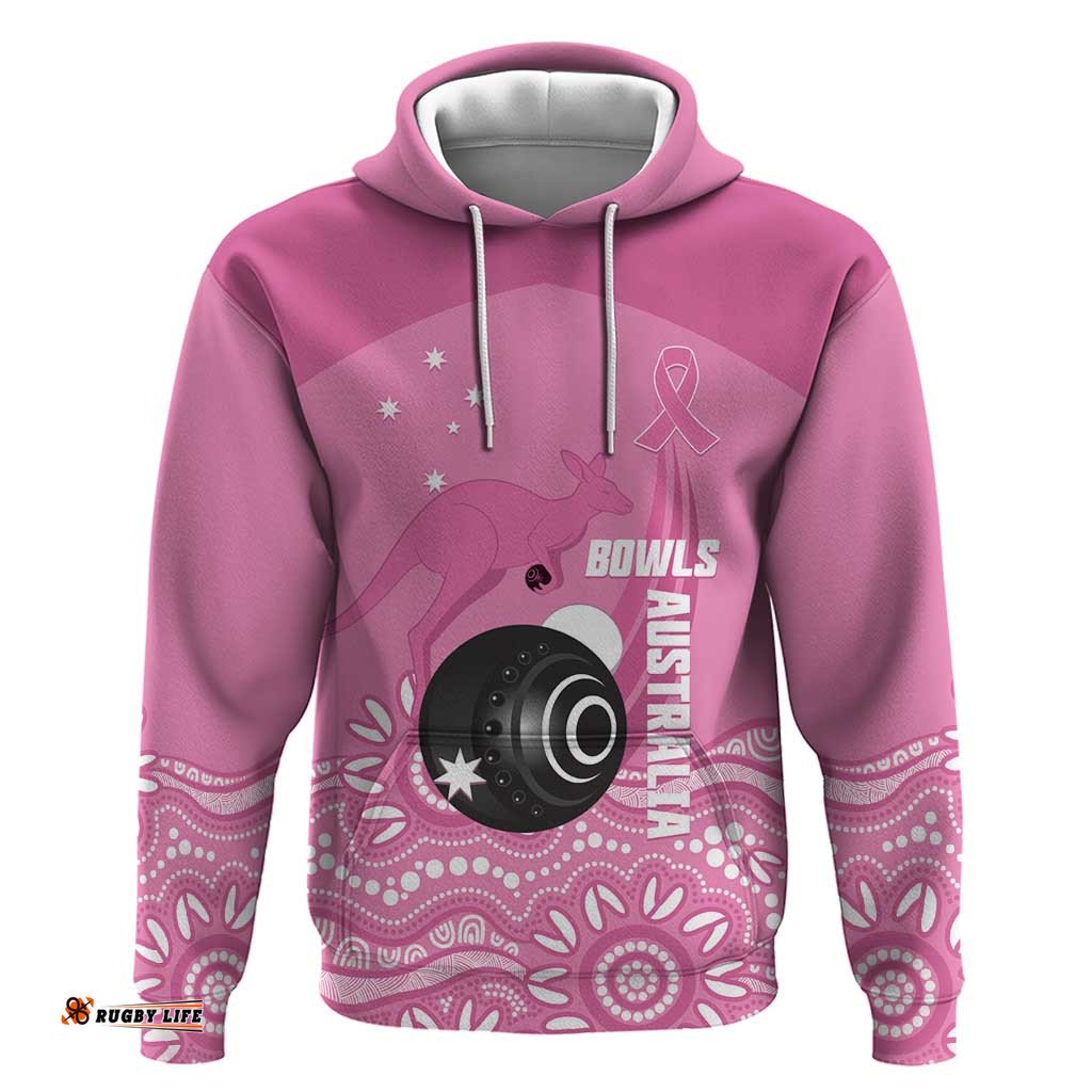 RugbyLife Shop Custom Bowls Australia Breast Cancer Hoodie Pink Ribbon Kangaroo Aboriginal Art LT14