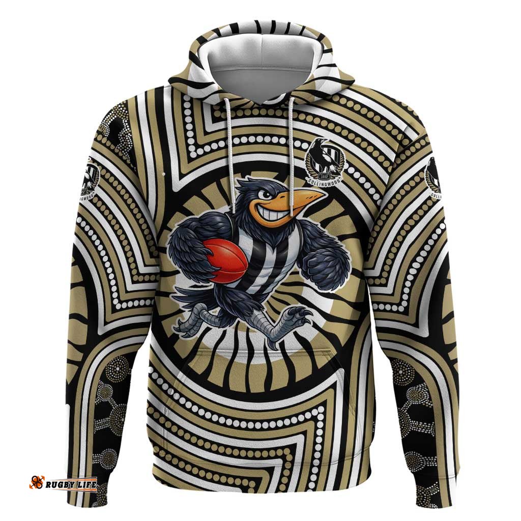 RugbyLife Shop Collingwood Football Club Hoodie Indigenous Monochrome Dot Art Mascot Style TS04