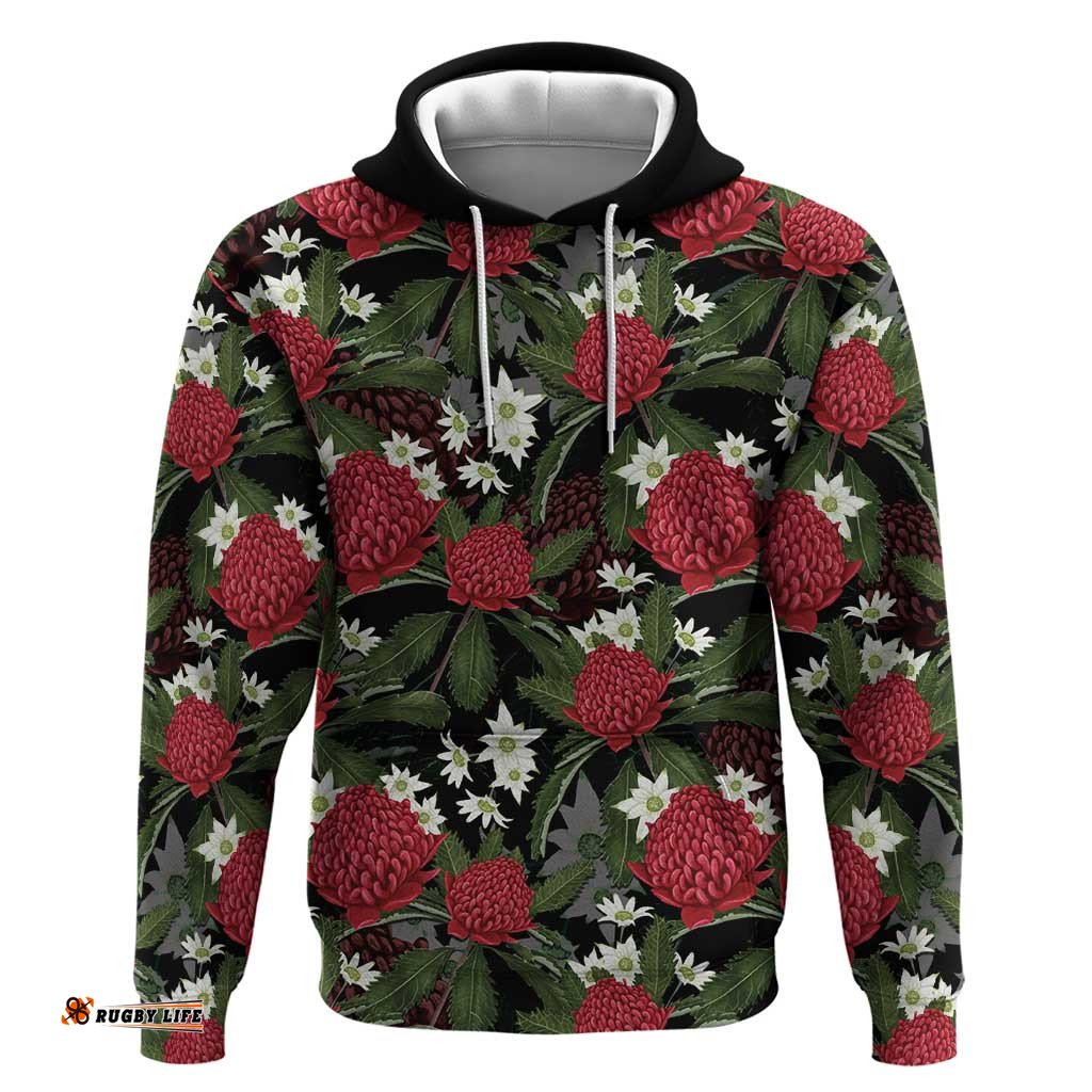 RugbyLife Shop Australia Waratah Flannel Flower Hoodie Aussie Native Flowers Seamless Stylized LT14