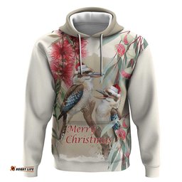 RugbyLife Shop Australia Kookaburra Christmas Hoodie Bottlebrush Eucalyptus Blossoms Watercolor LT14
