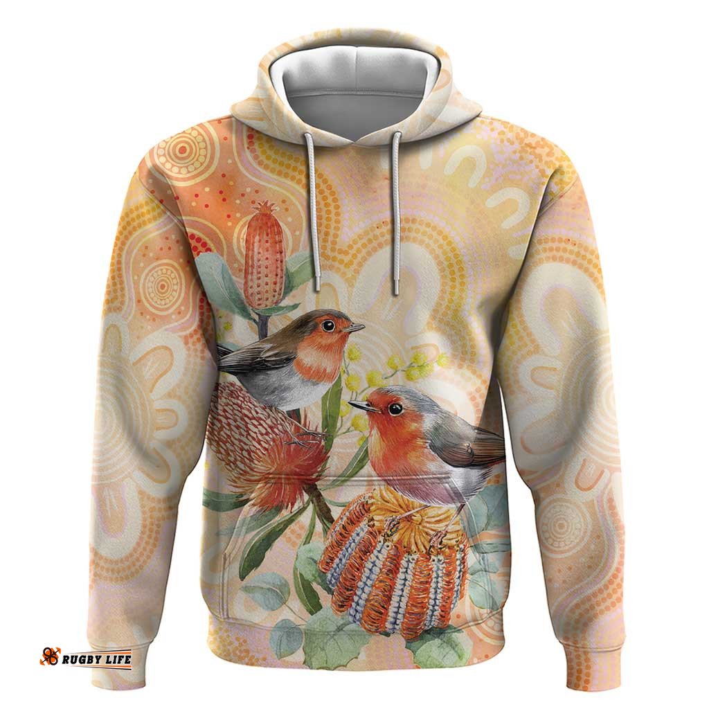 RugbyLife Shop Australia Flame Robin Hoodie Petroica Phoenicea Banksia Indigenous Art LT14