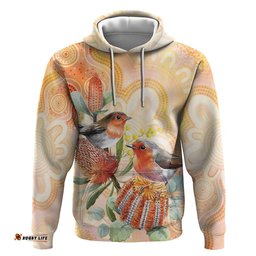 RugbyLife Shop Australia Flame Robin Hoodie Petroica Phoenicea Banksia Indigenous Art LT14