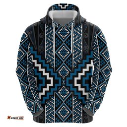 RugbyLife Shop Azure Tukutuku Pattern Aotearoa Hoodie Niho Taniwha and Puhoro Motifs LT7