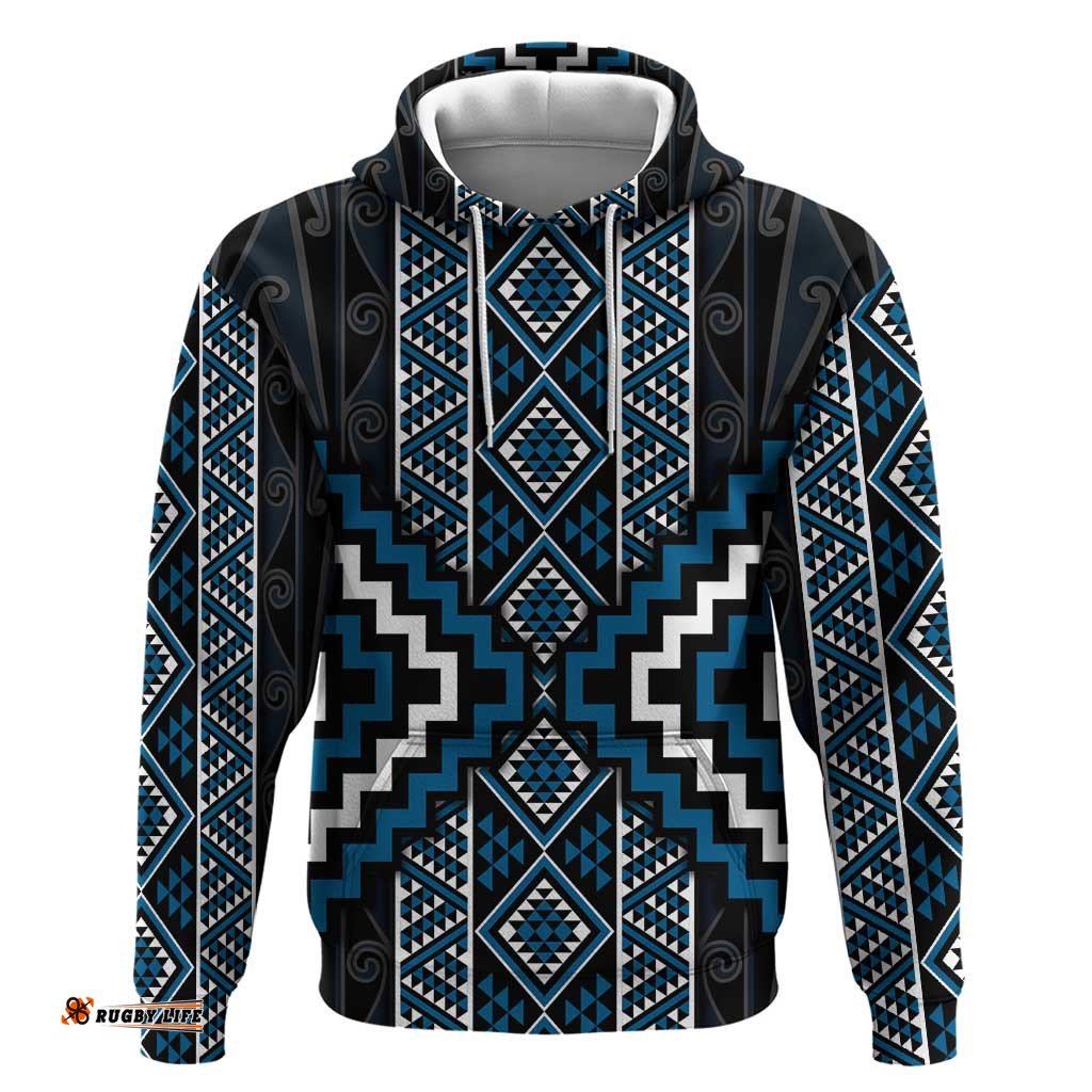 RugbyLife Shop Azure Tukutuku Pattern Aotearoa Hoodie Niho Taniwha and Puhoro Motifs LT7