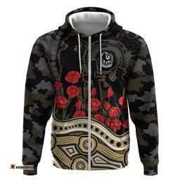 RugbyLife Shop Collingwood Magpies ANZAC Day Hoodie Indigenous Dot Art with Poppy Flower Tribute TS04
